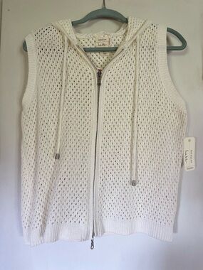 Nicole Miller Cream Sleeveless Hooded Knit Zip Vest